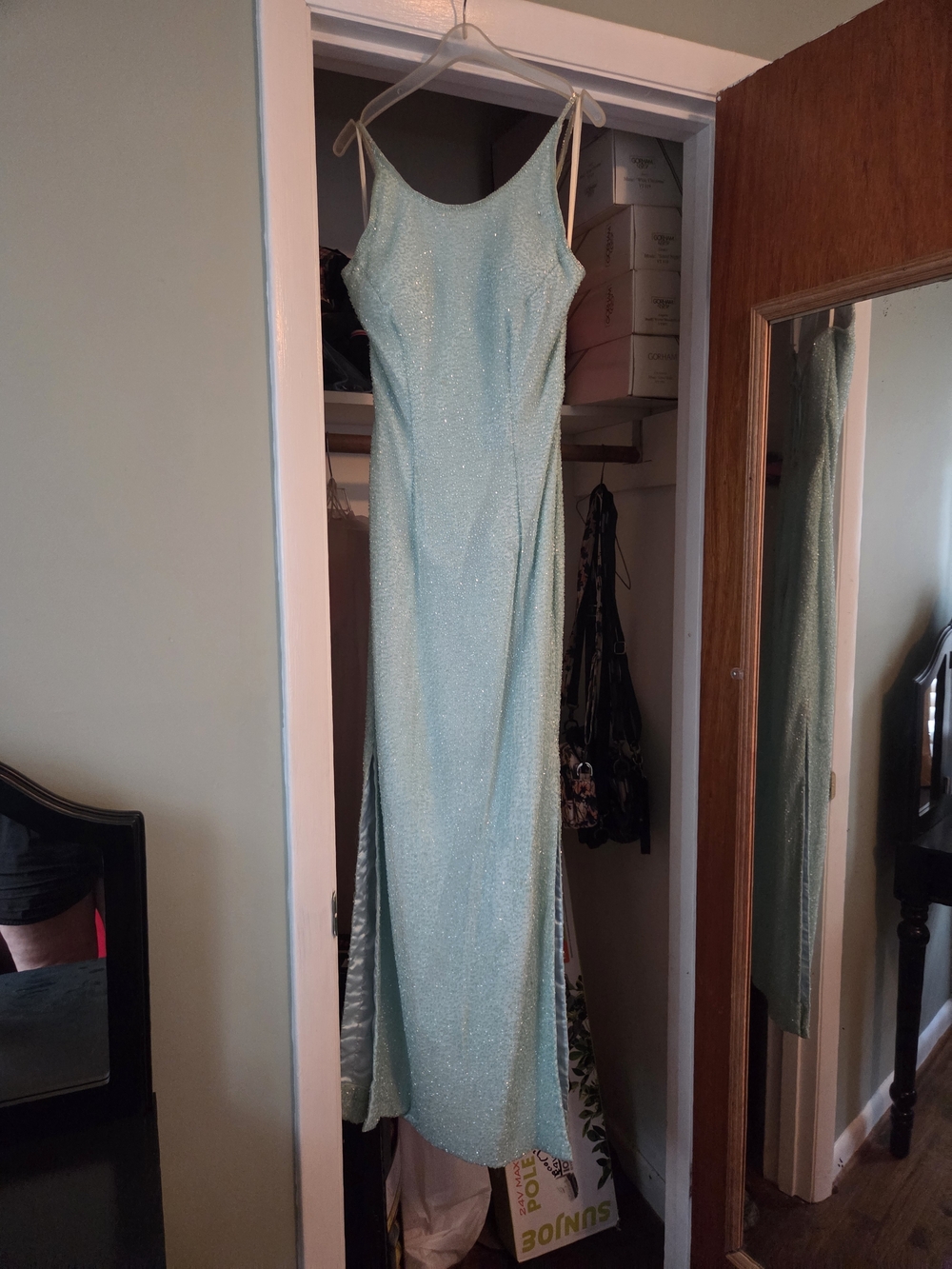 Elegant Light Aqua Sparkle Slip Dress with Side Slit